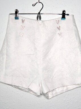 White Floral Jacquard Gold V Accent Shorts